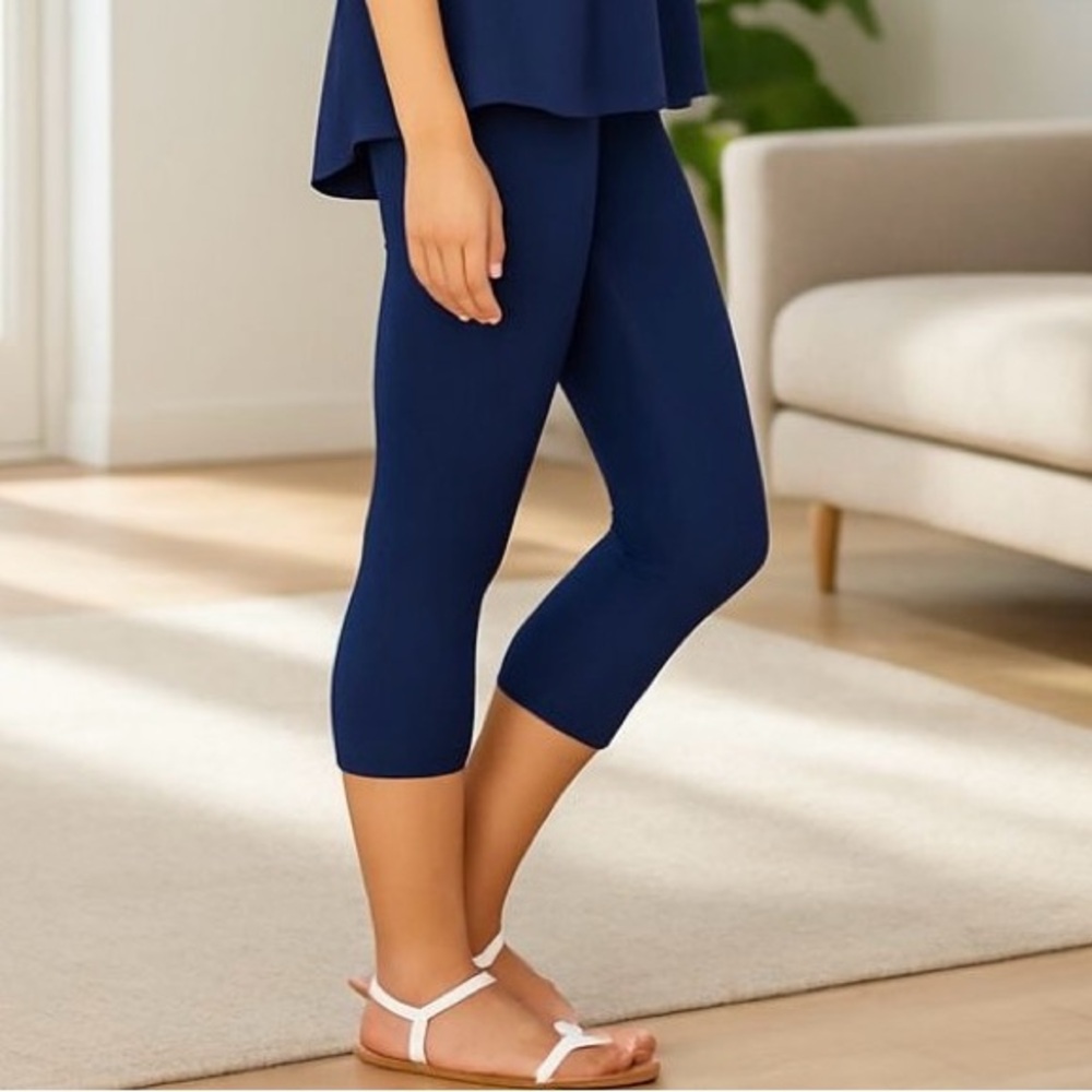OS/TC/TC2 NEW Women Navy Blue Capri Leggings YOGA WAIST Summer Crop Pants